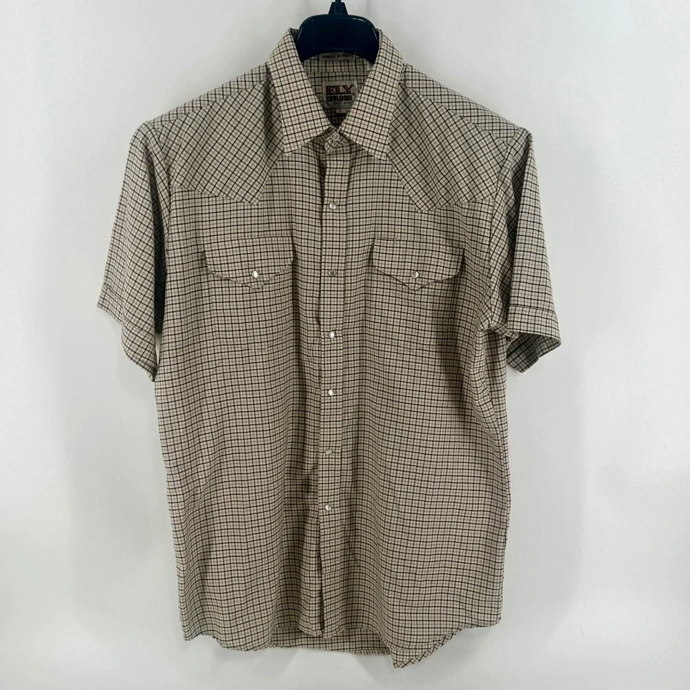 Ely Cattleman Shirt Men L Tan Plaid Regular Fit Western Pearl Snap Short Sleeve